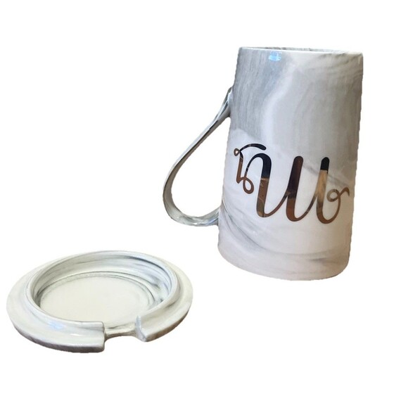 'Mens" Coffee Grey Swirl Ceramic Mug With cover And Gold Colored, HandMade !!! - Picture 7 of 16